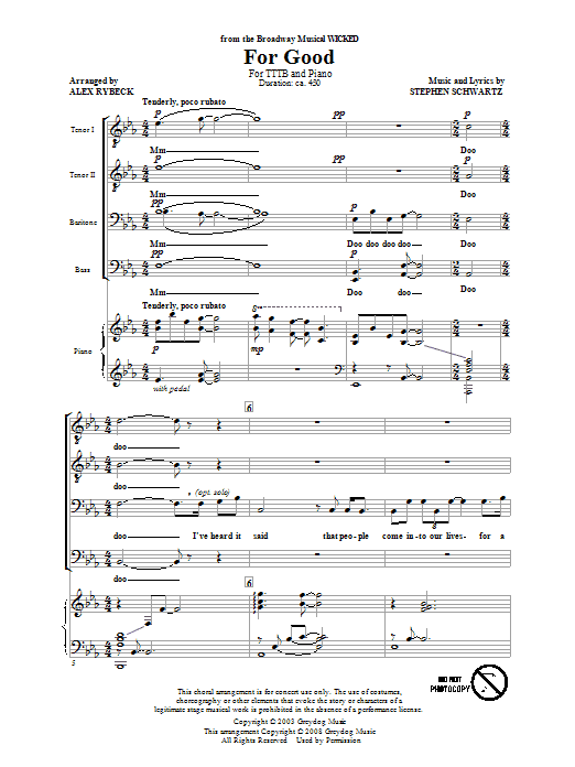 Stephen Schwartz For Good (from Wicked) (arr. Alex Rybeck) sheet music notes and chords arranged for TTBB Choir