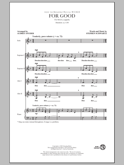 Stephen Schwartz For Good (from Wicked) (arr. Audrey Snyder) sheet music notes and chords arranged for SSA Choir