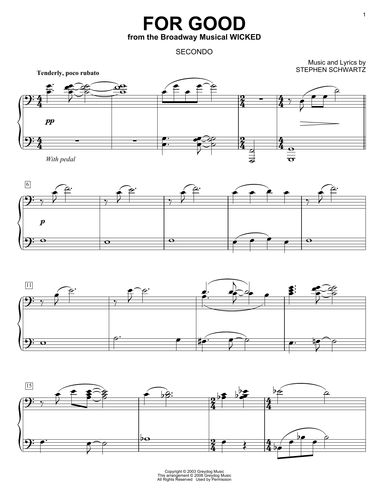 Stephen Schwartz For Good (from Wicked) (arr. Carol Klose) sheet music notes and chords arranged for Piano Duet
