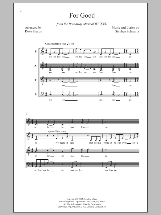 Stephen Schwartz For Good (from Wicked) (arr. Deke Sharon) sheet music notes and chords arranged for SATB Choir