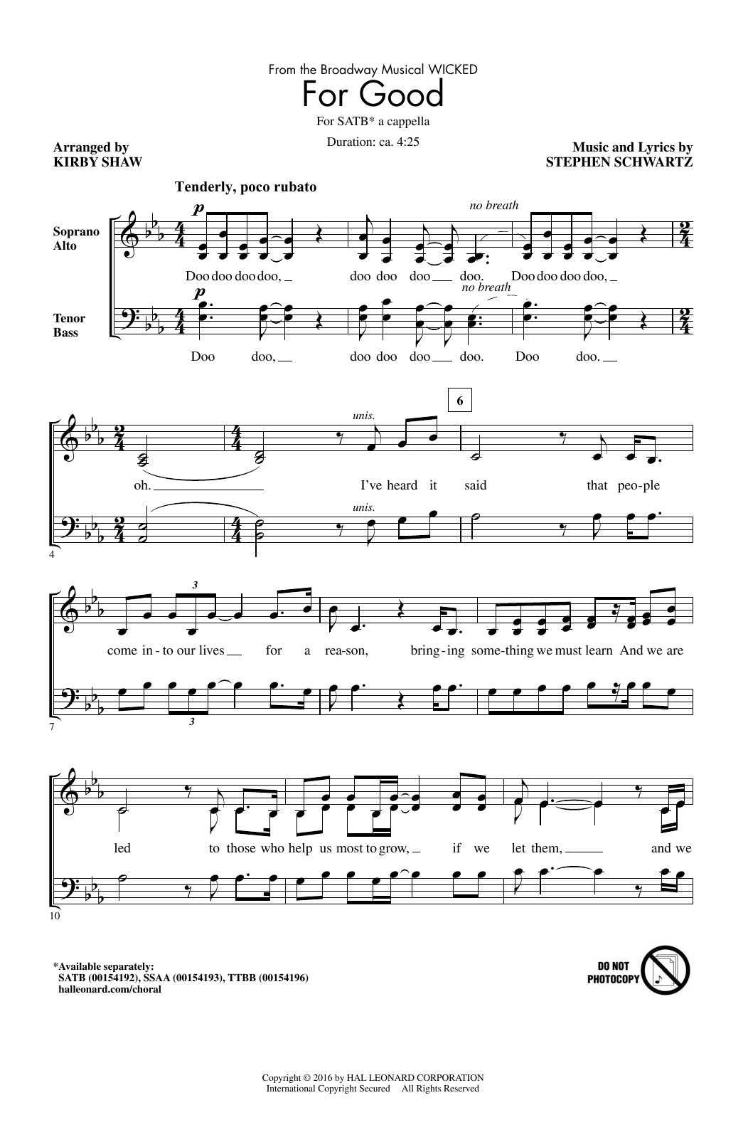 Stephen Schwartz For Good (from Wicked) (arr. Kirby Shaw) sheet music notes and chords arranged for TTBB Choir