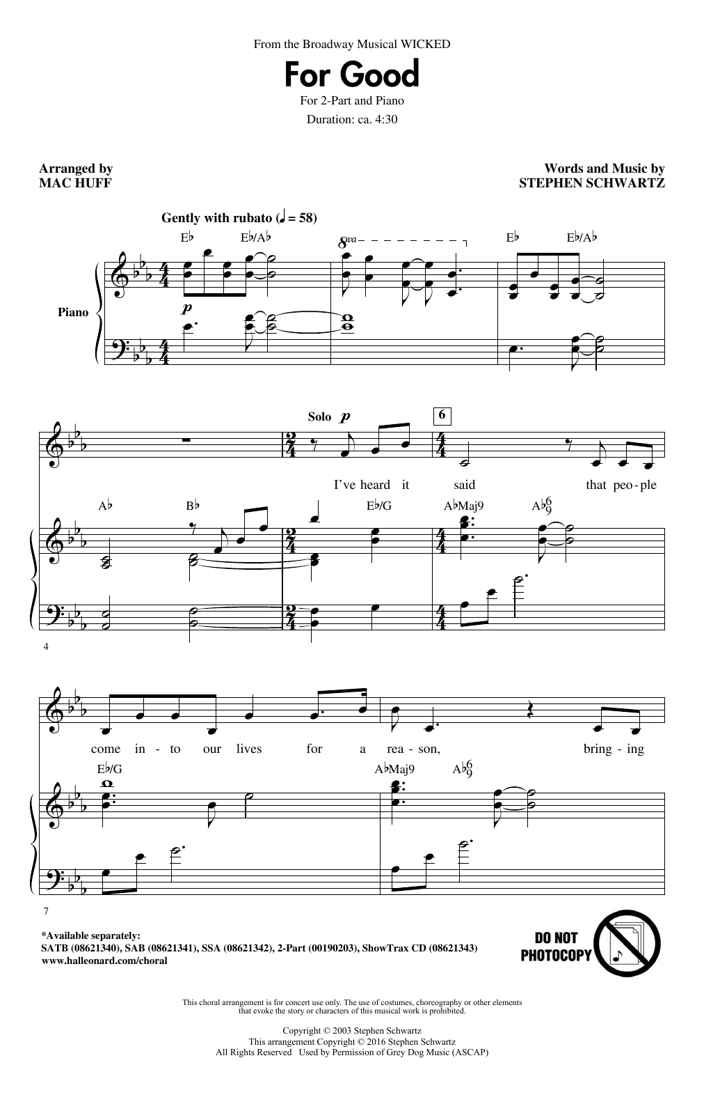 Stephen Schwartz For Good (from Wicked) (arr. Mac Huff) sheet music notes and chords arranged for 2-Part Choir