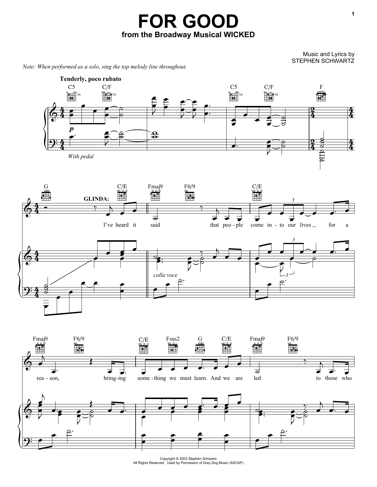 Stephen Schwartz For Good (from Wicked) sheet music notes and chords arranged for Very Easy Piano