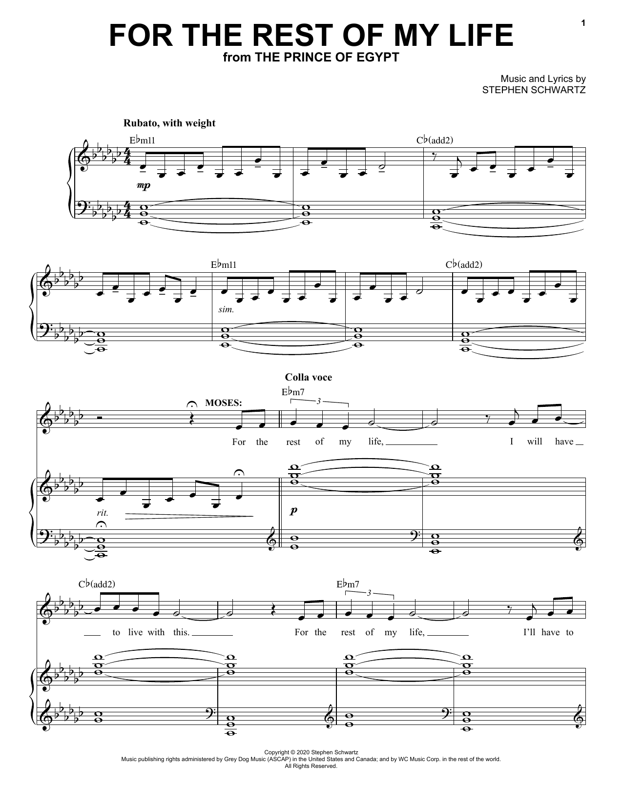 Stephen Schwartz For The Rest Of My Life (from The Prince Of Egypt: A New Musical) sheet music notes and chords arranged for Piano & Vocal