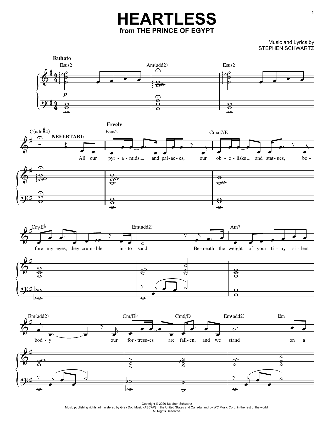 Stephen Schwartz Heartless (from The Prince Of Egypt: A New Musical) sheet music notes and chords arranged for Piano & Vocal