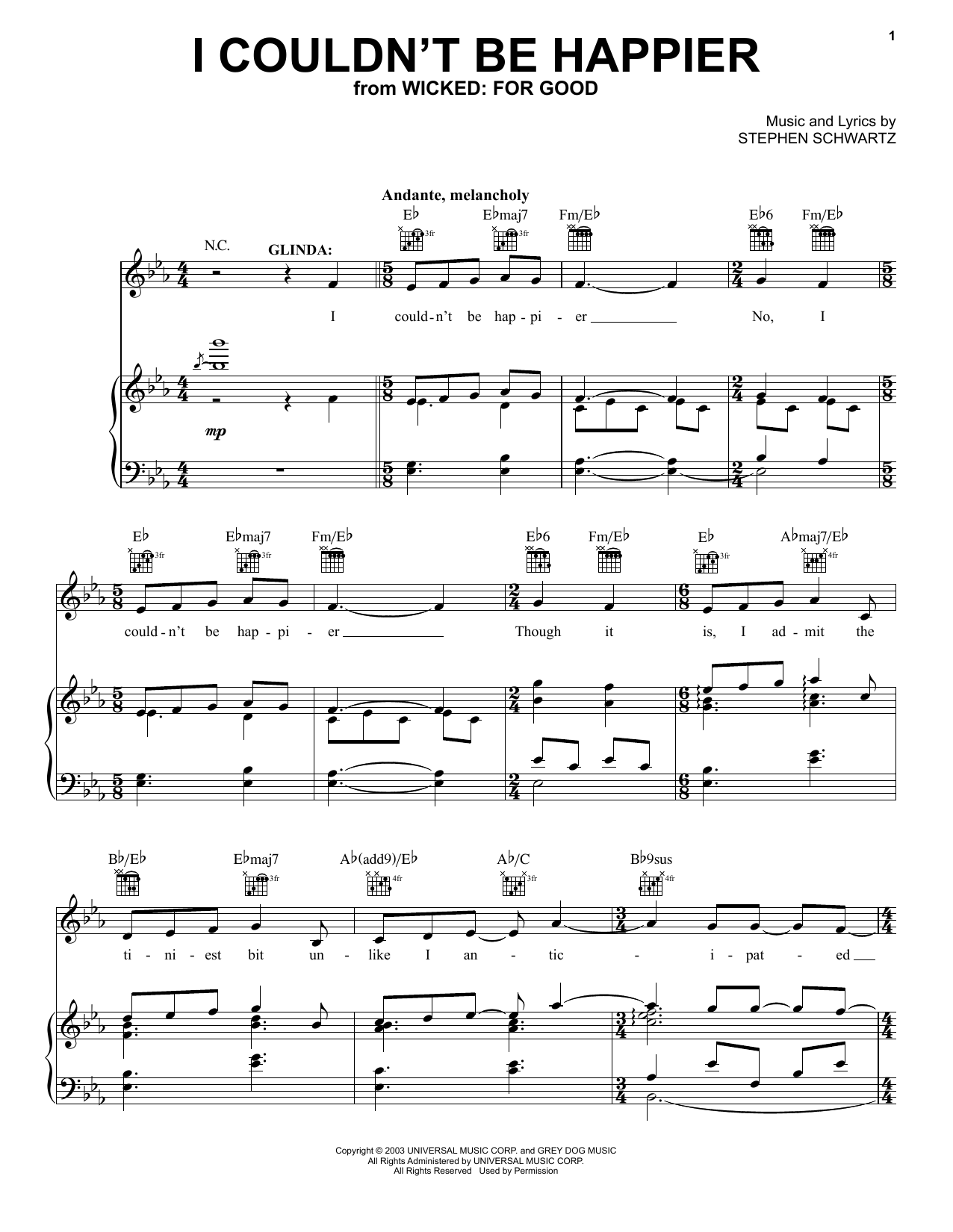 Stephen Schwartz I Couldn't Be Happier (from Wicked: For Good) sheet music notes and chords arranged for Piano, Vocal & Guitar Chords (Right-Hand Melody)