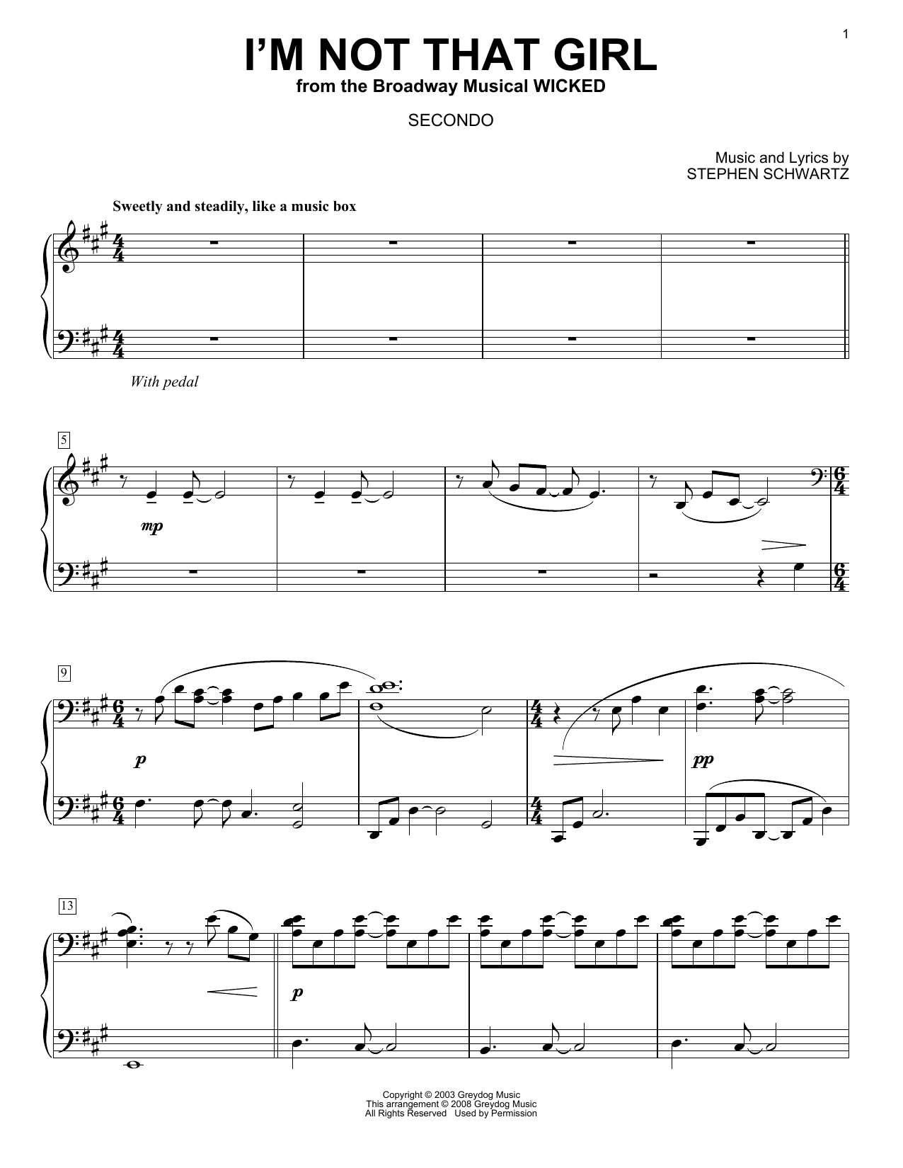 Stephen Schwartz I'm Not That Girl (from Wicked) (arr. Carol Klose) sheet music notes and chords arranged for Piano Duet