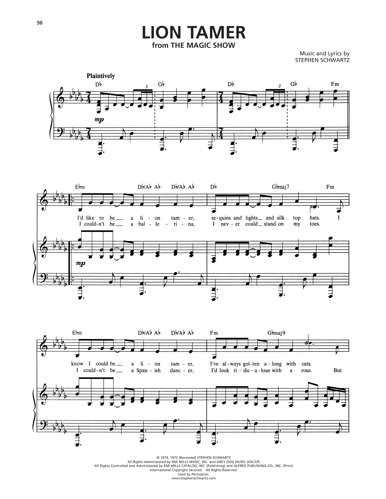 Stephen Schwartz Lion Tamer (from The Magic Show) sheet music notes and chords arranged for Piano & Vocal