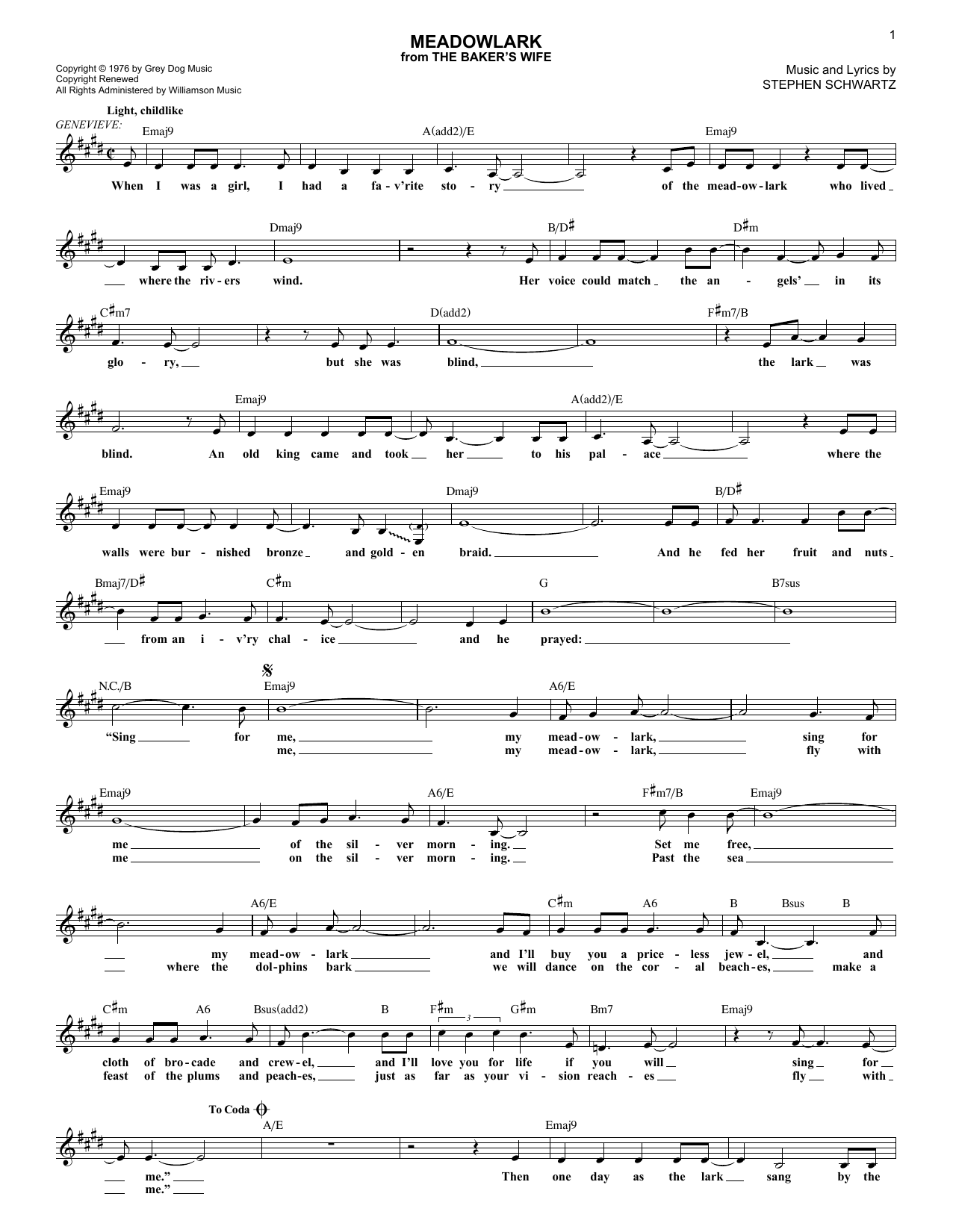 Stephen Schwartz Meadowlark sheet music notes and chords arranged for Lead Sheet / Fake Book