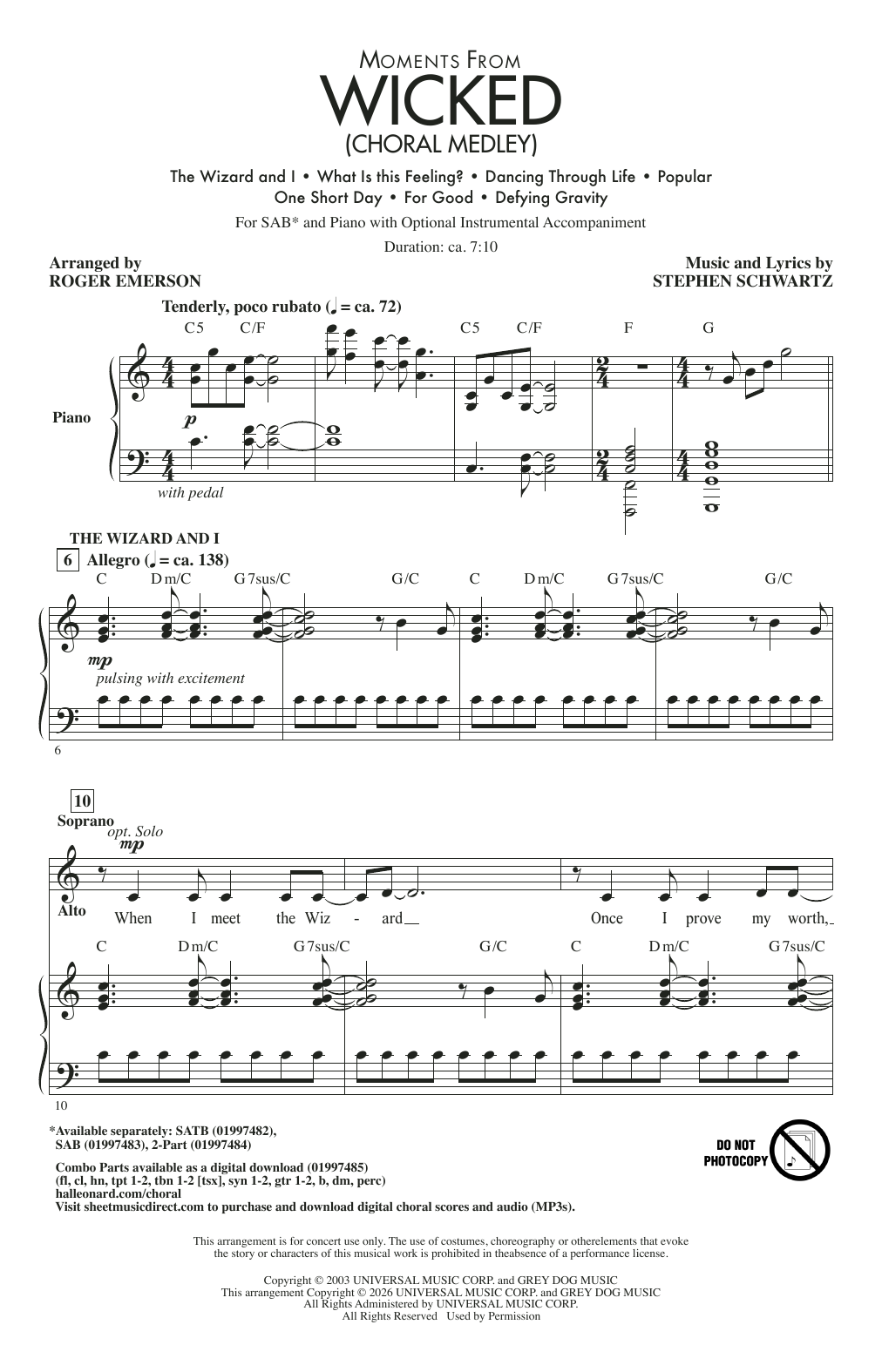 Stephen Schwartz Moments from Wicked (Choral Medley) (arr. Roger Emerson) sheet music notes and chords arranged for 2-Part Choir