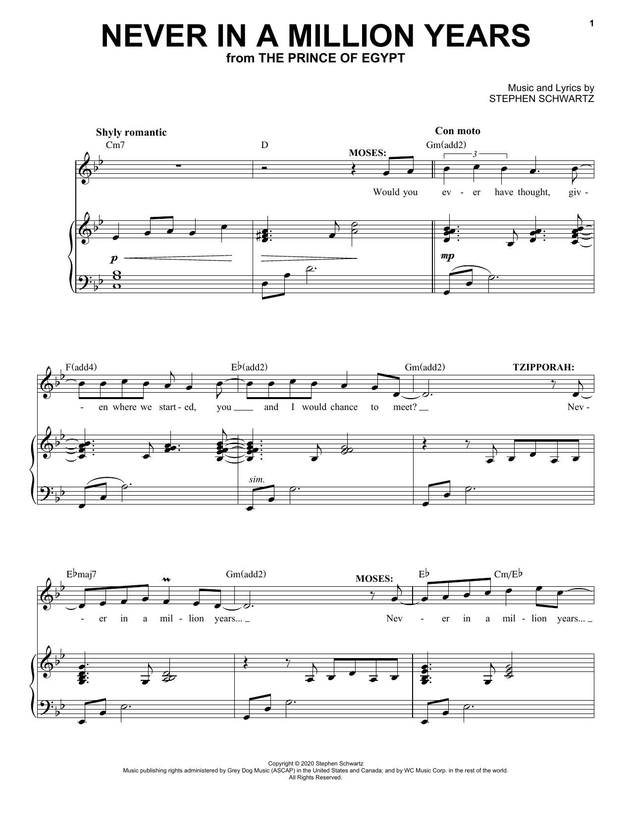 Stephen Schwartz Never In A Million Years (from The Prince Of Egypt: A New Musical) sheet music notes and chords arranged for Piano & Vocal