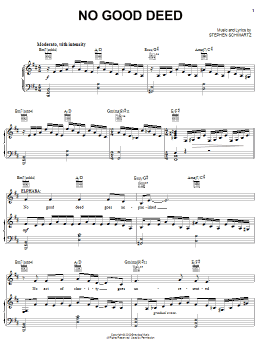 Stephen Schwartz No Good Deed (from Wicked) sheet music notes and chords arranged for Piano, Vocal & Guitar Chords (Right-Hand Melody)