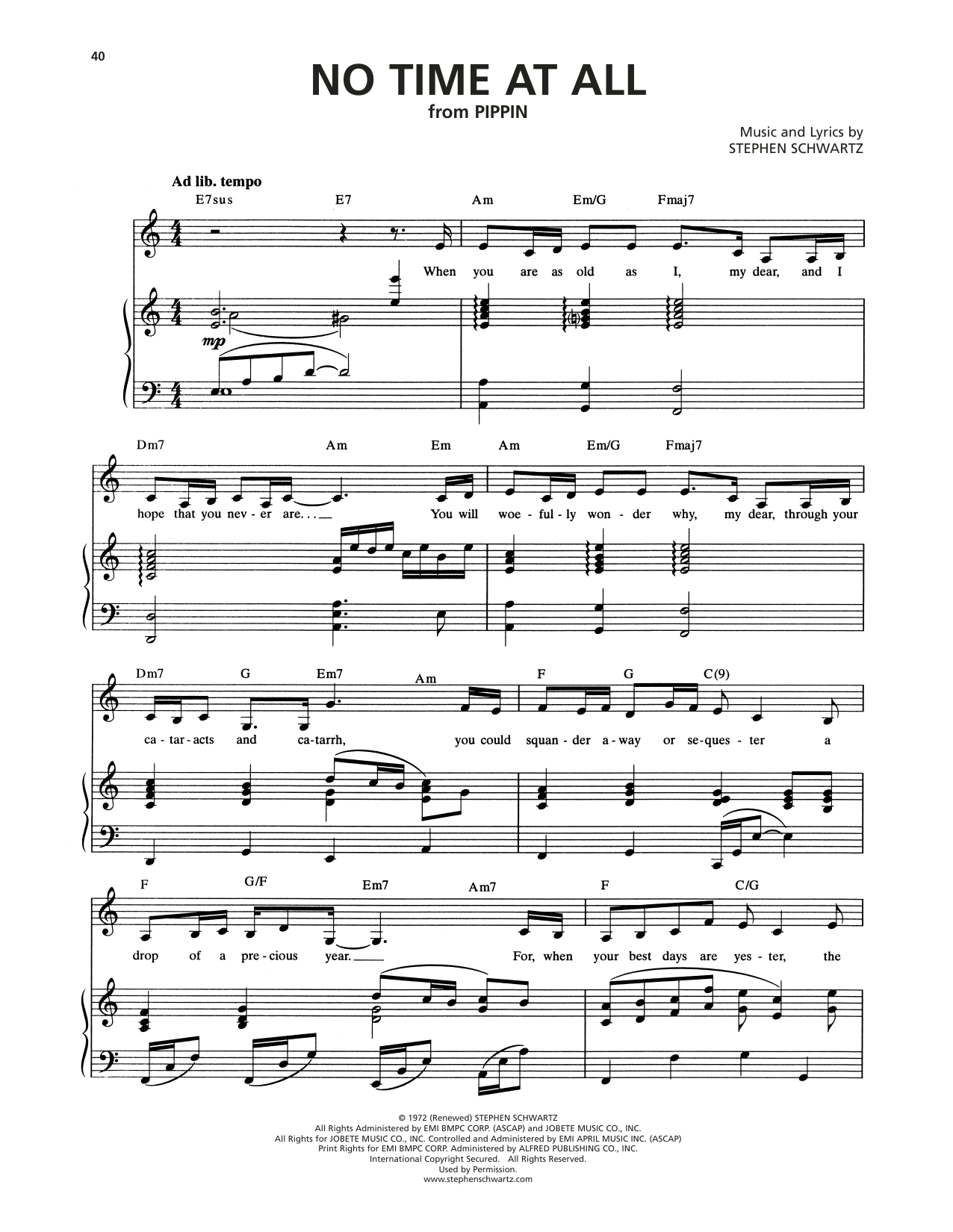 Stephen Schwartz No Time At All (from Pippin) sheet music notes and chords arranged for Piano & Vocal