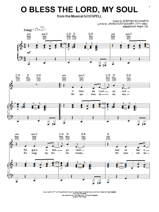 Stephen Schwartz O Bless The Lord, My Soul sheet music notes and chords arranged for Piano, Vocal & Guitar Chords (Right-Hand Melody)