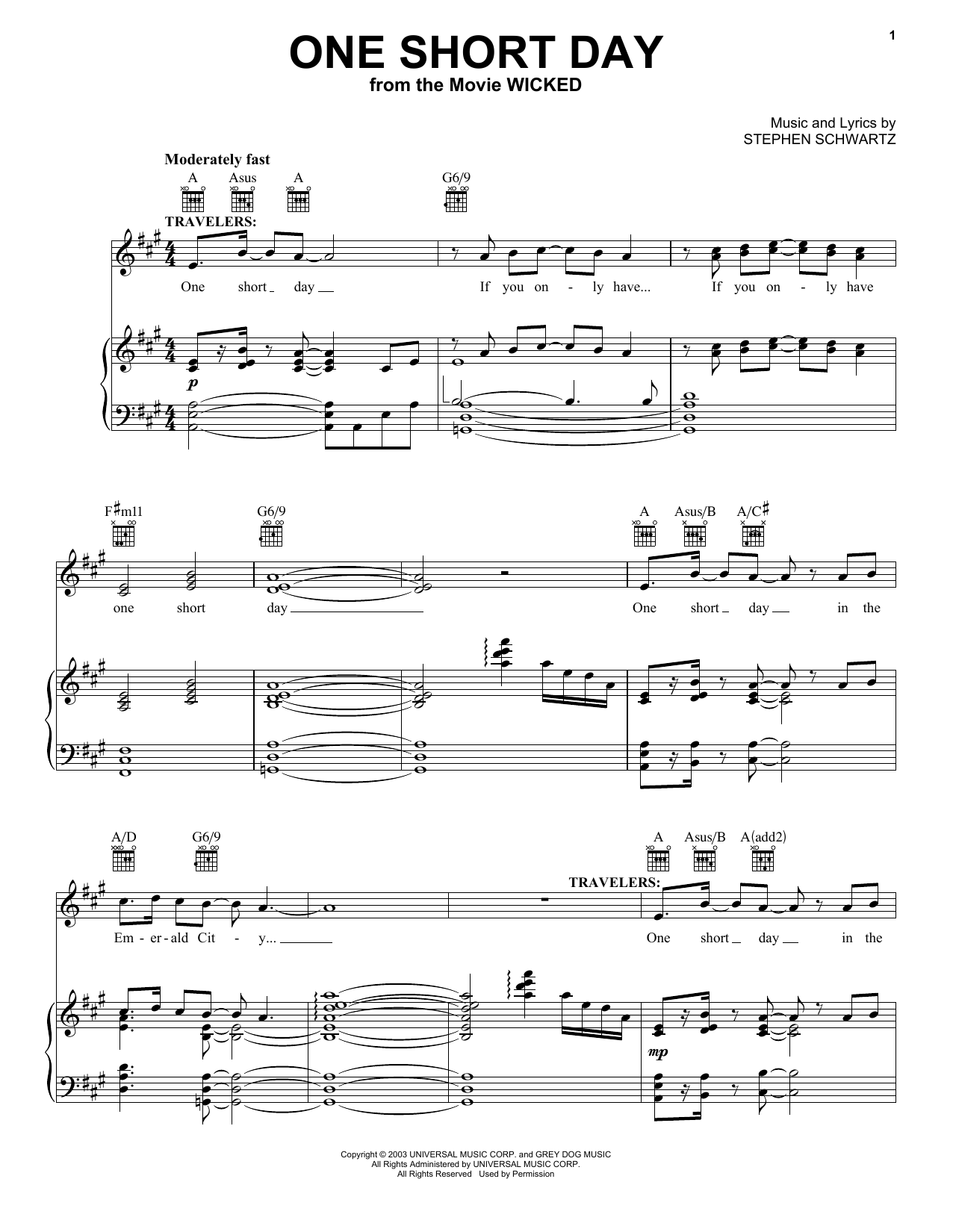 Stephen Schwartz One Short Day (from Wicked) (2024) sheet music notes and chords arranged for Piano, Vocal & Guitar Chords (Right-Hand Melody)