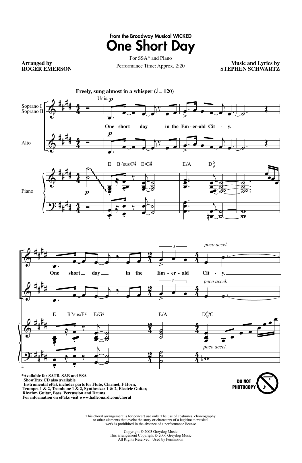 Stephen Schwartz One Short Day (from Wicked) (arr. Roger Emerson) sheet music notes and chords arranged for SSA Choir