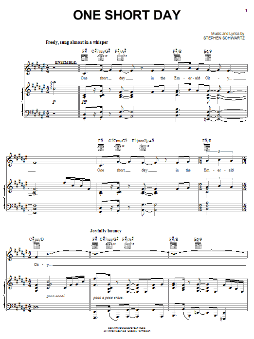 Stephen Schwartz One Short Day (from Wicked) sheet music notes and chords arranged for Pro Vocal