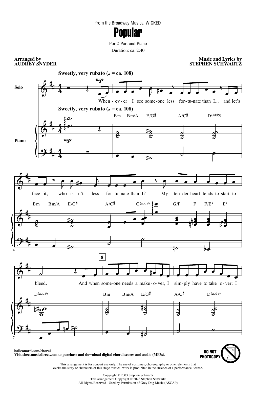 Stephen Schwartz Popular (from Wicked) (arr. Audrey Snyder) sheet music notes and chords arranged for 2-Part Choir