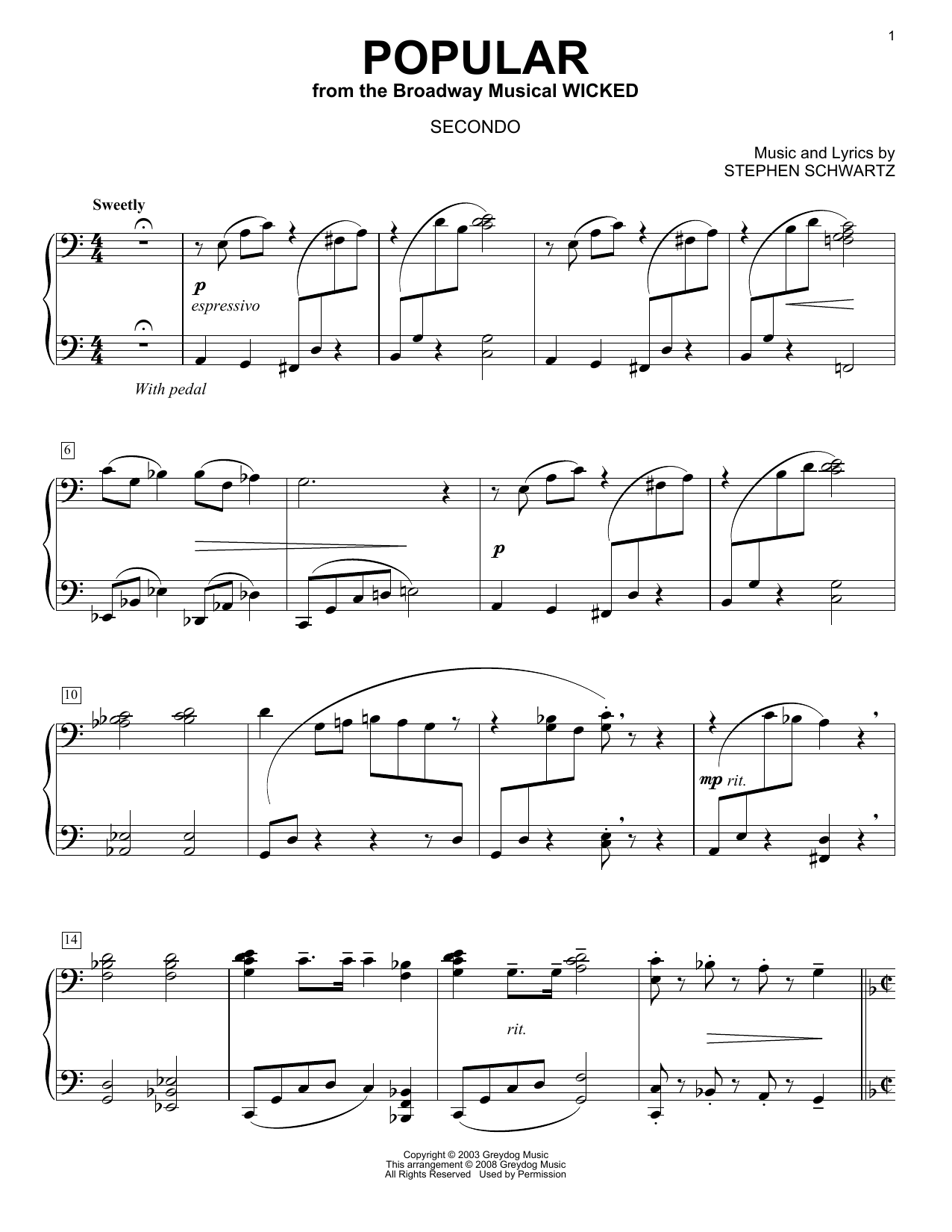Stephen Schwartz Popular (from Wicked) (arr. Carol Klose) sheet music notes and chords arranged for Piano Duet