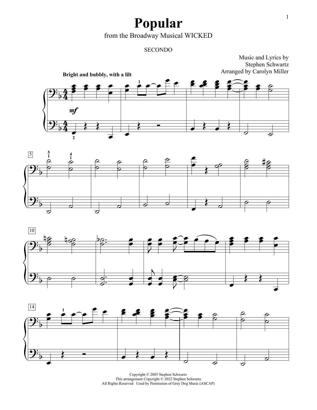 Stephen Schwartz Popular (from Wicked) (arr. Carolyn Miller) sheet music notes and chords arranged for Piano Duet