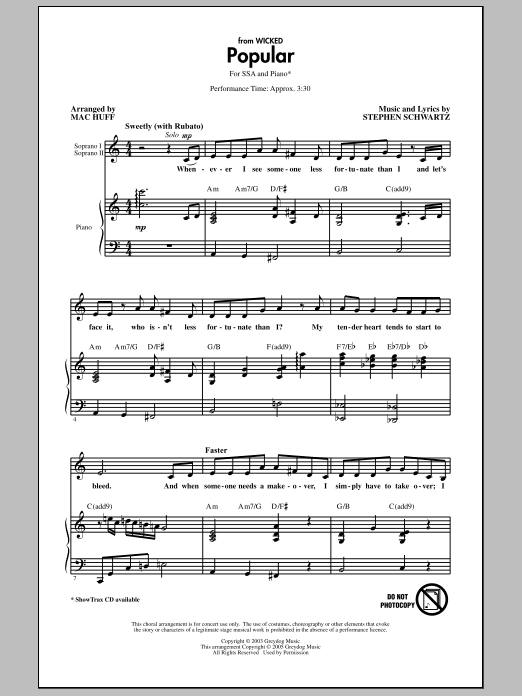 Stephen Schwartz Popular (from Wicked) (arr. Mac Huff) sheet music notes and chords arranged for SSA Choir