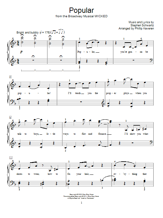 Stephen Schwartz Popular (from Wicked) (arr. Phillip Keveren) sheet music notes and chords arranged for Educational Piano
