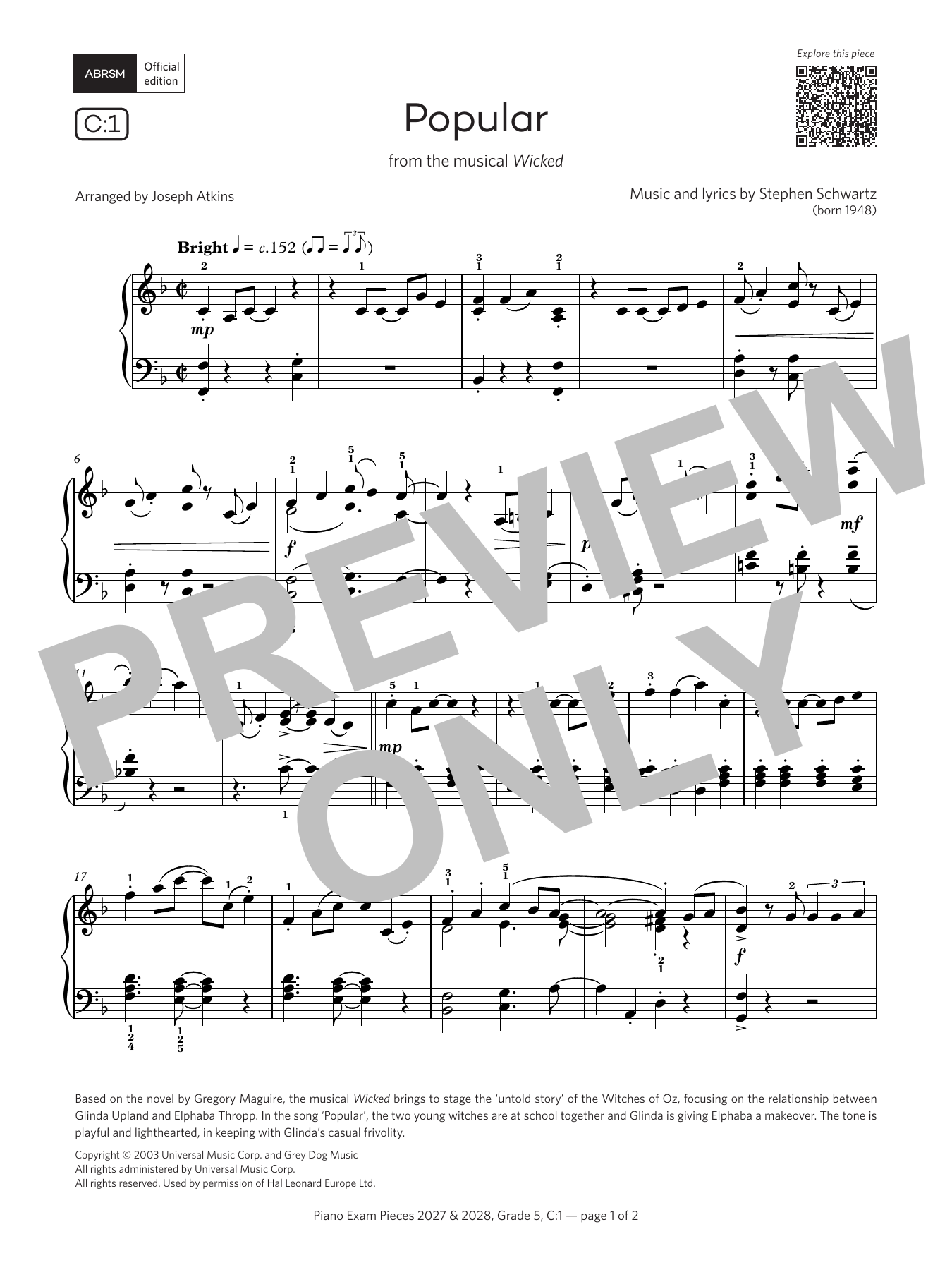 Stephen Schwartz Popular (Grade 5, list C1, from the ABRSM Piano Syllabus 2027 & 2028) sheet music notes and chords arranged for Piano Solo