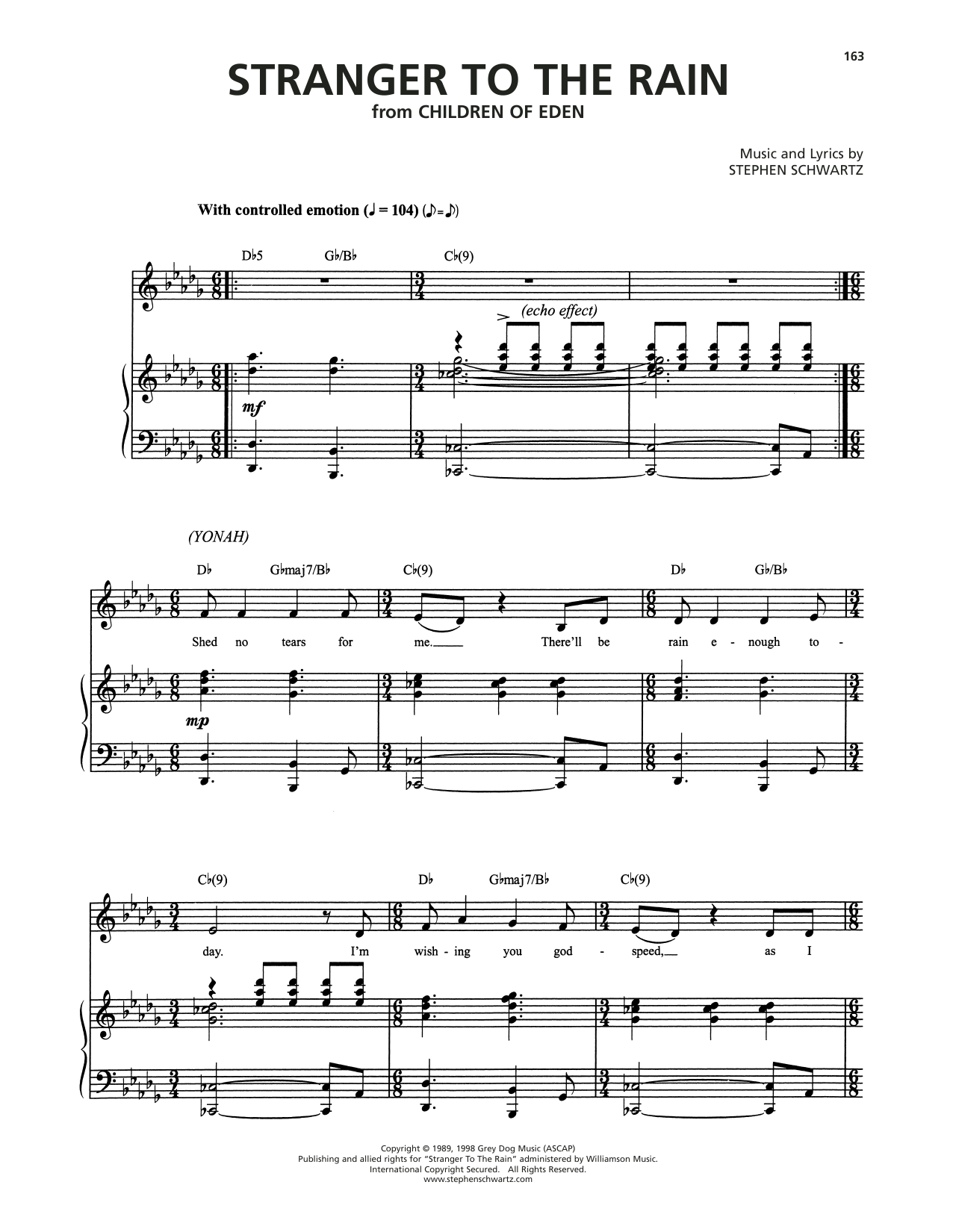 Stephen Schwartz Stranger To The Rain (from Children Of Eden) sheet music notes and chords arranged for Piano & Vocal