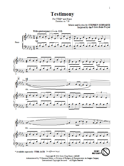 Stephen Schwartz Testimony sheet music notes and chords arranged for TTBB Choir