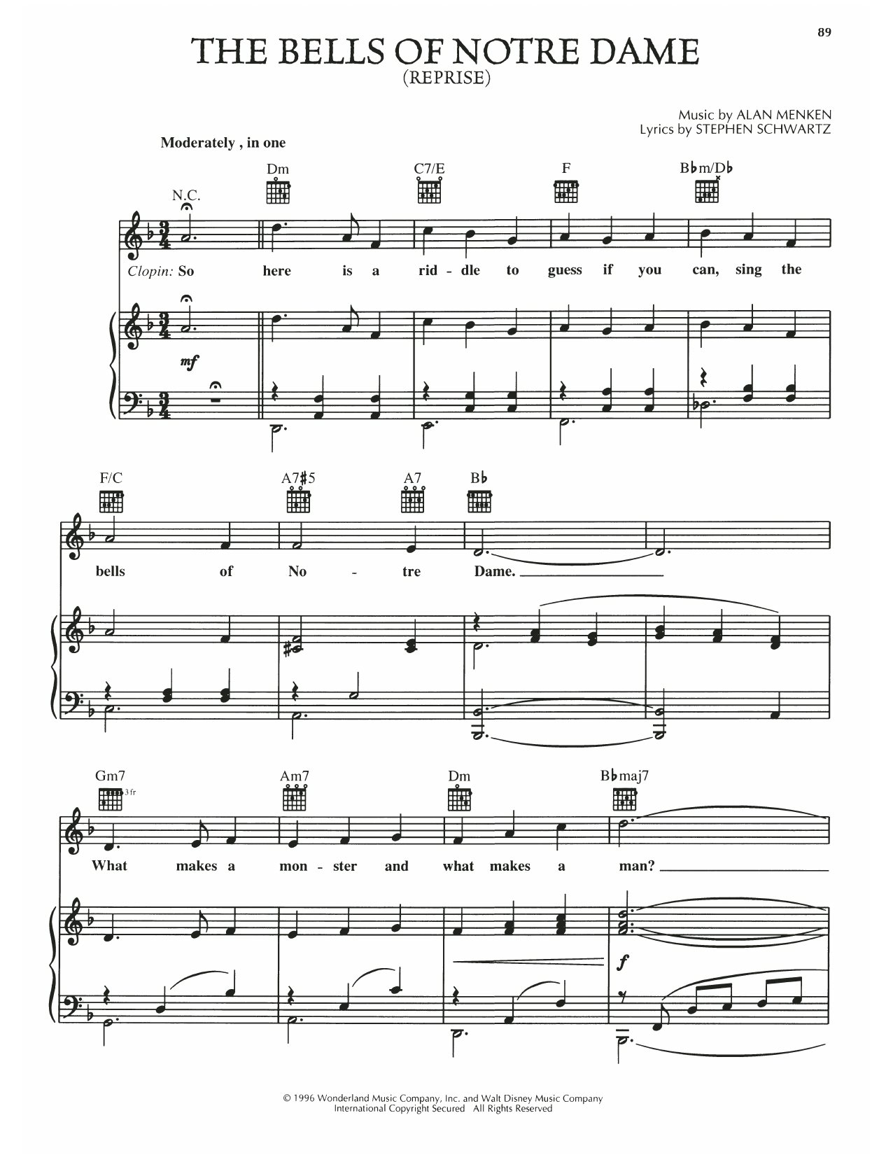 Stephen Schwartz The Bells Of Notre Dame (Reprise) (from The Hunchback Of Notre Dame) sheet music notes and chords arranged for Piano, Vocal & Guitar Chords (Right-Hand Melody)