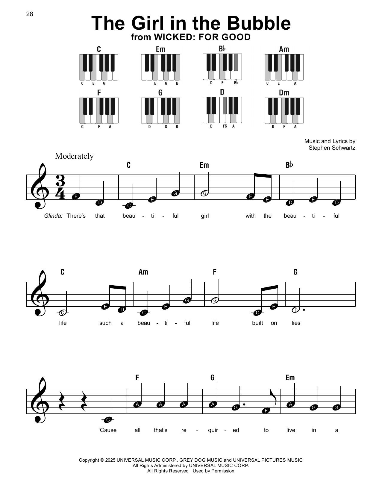 Stephen Schwartz The Girl In The Bubble (from Wicked: For Good) sheet music notes and chords arranged for Super Easy Piano