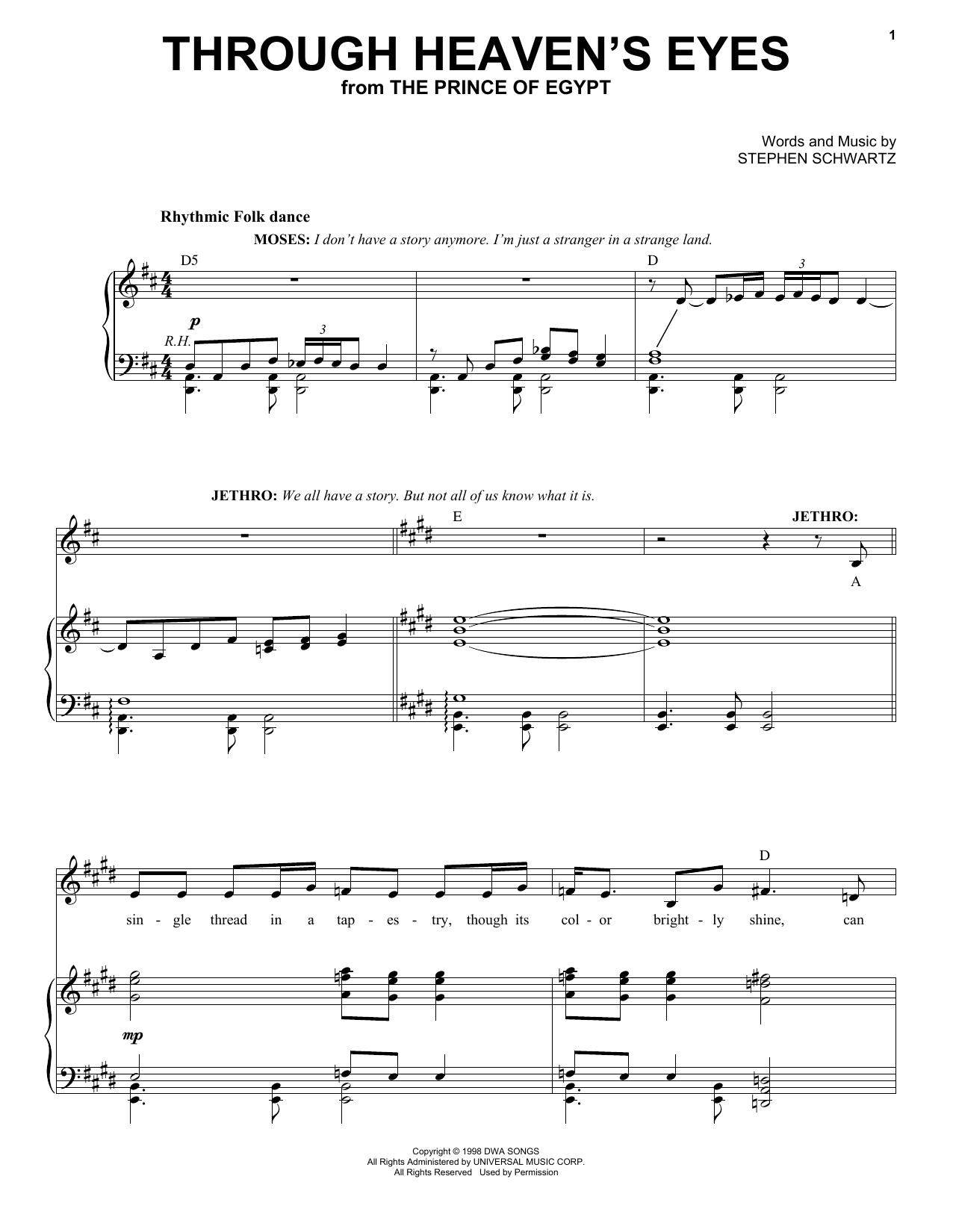 Stephen Schwartz Through Heaven's Eyes (from The Prince Of Egypt: A New Musical) sheet music notes and chords arranged for Piano & Vocal