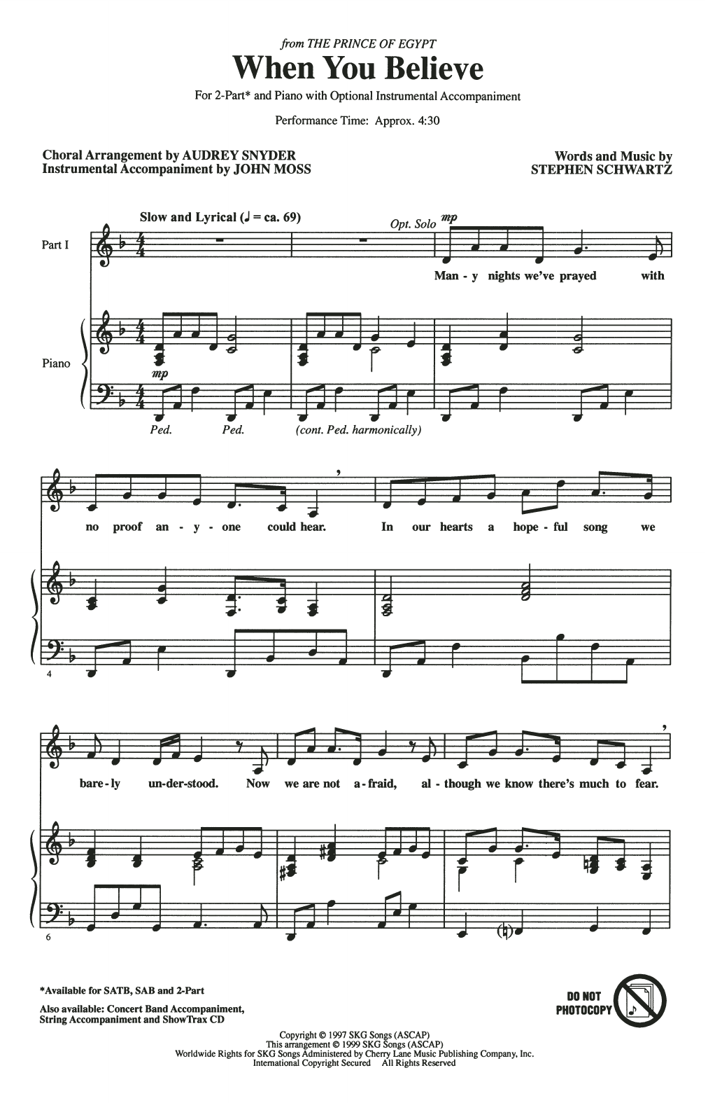 Stephen Schwartz When You Believe (from The Prince Of Egypt) (arr. Audrey Snyder) sheet music notes and chords arranged for 2-Part Choir