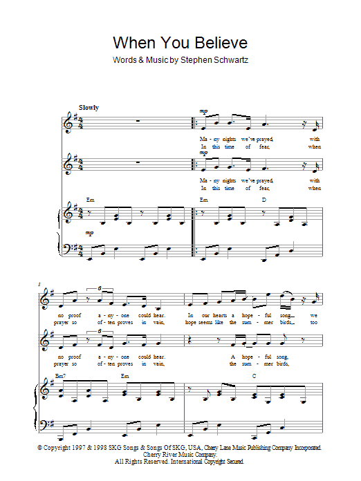 Stephen Schwartz When You Believe sheet music notes and chords arranged for Piano, Vocal & Guitar Chords