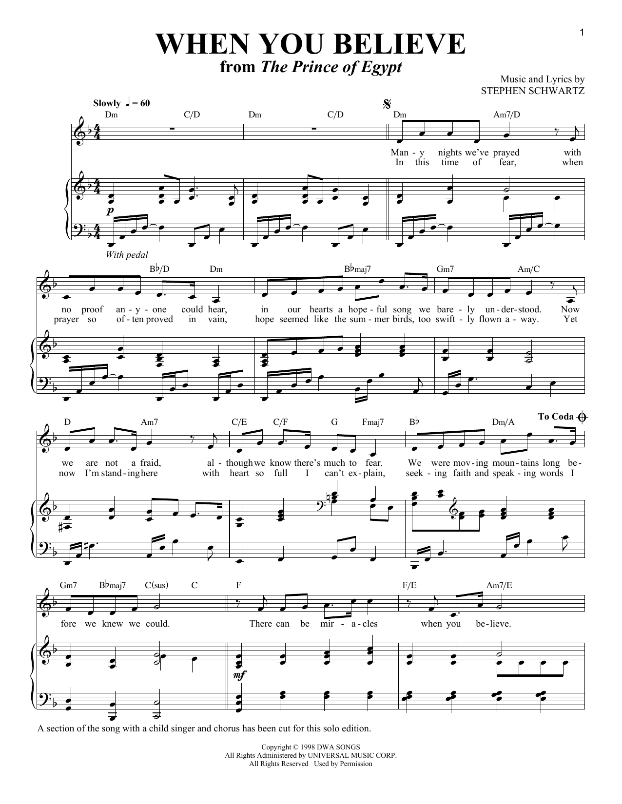 Stephen Schwartz When You Believe [Solo version] (from The Prince Of Egypt) sheet music notes and chords arranged for Piano & Vocal