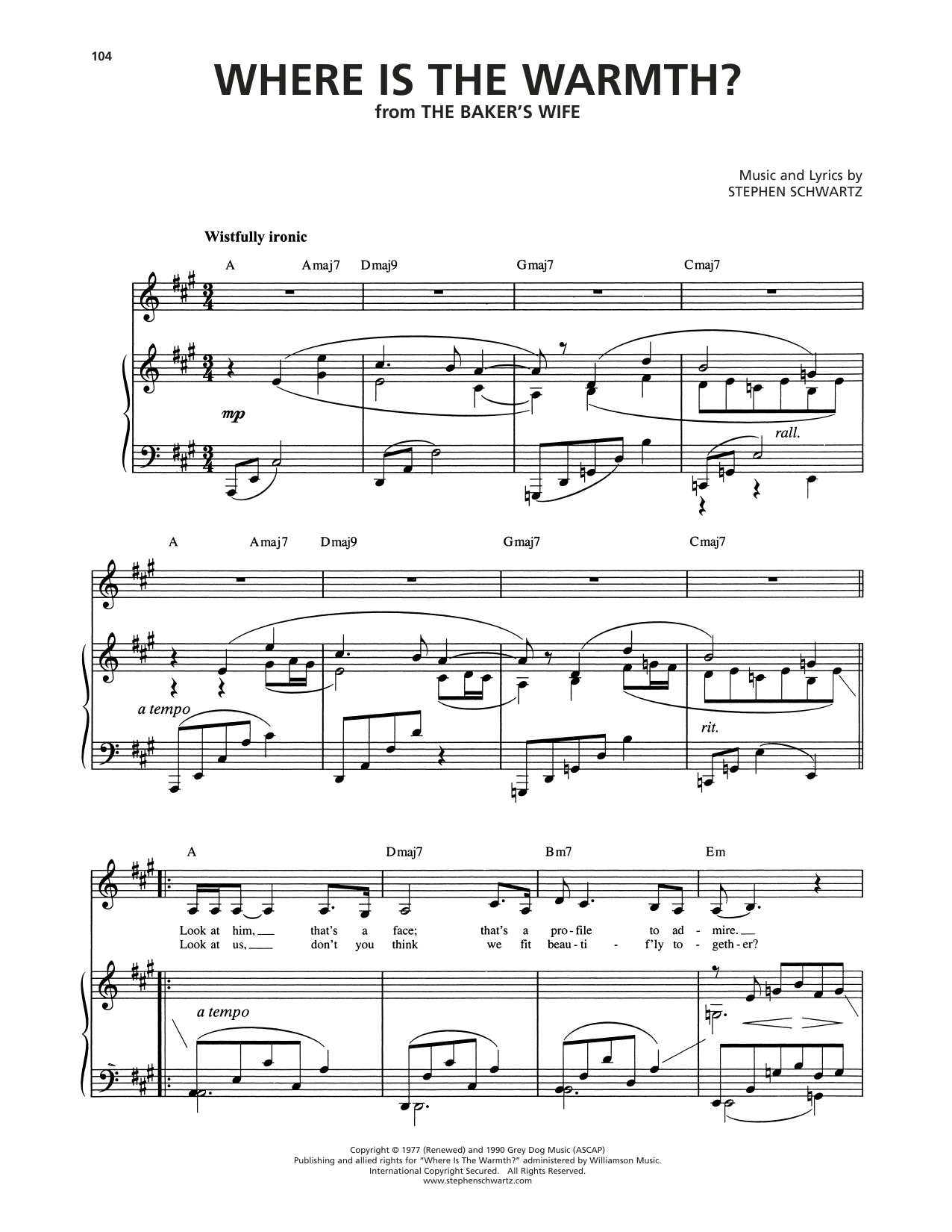 Stephen Schwartz Where Is The Warmth? (from The Baker's Wife) sheet music notes and chords arranged for Piano & Vocal