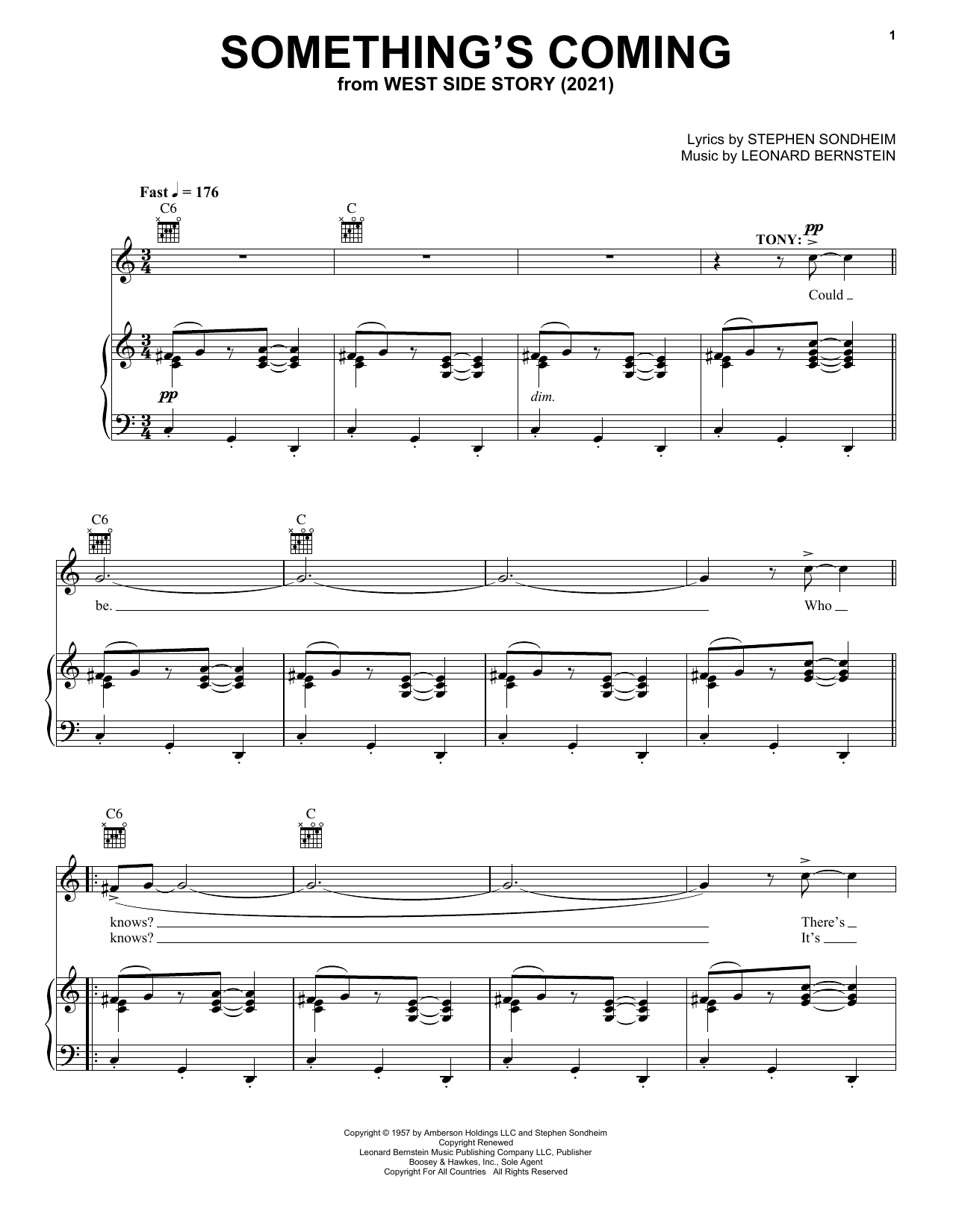 Stephen Sondheim & Leonard Bernstein Something's Coming (from West Side Story 2021) sheet music notes and chords arranged for Piano, Vocal & Guitar Chords (Right-Hand Melody)