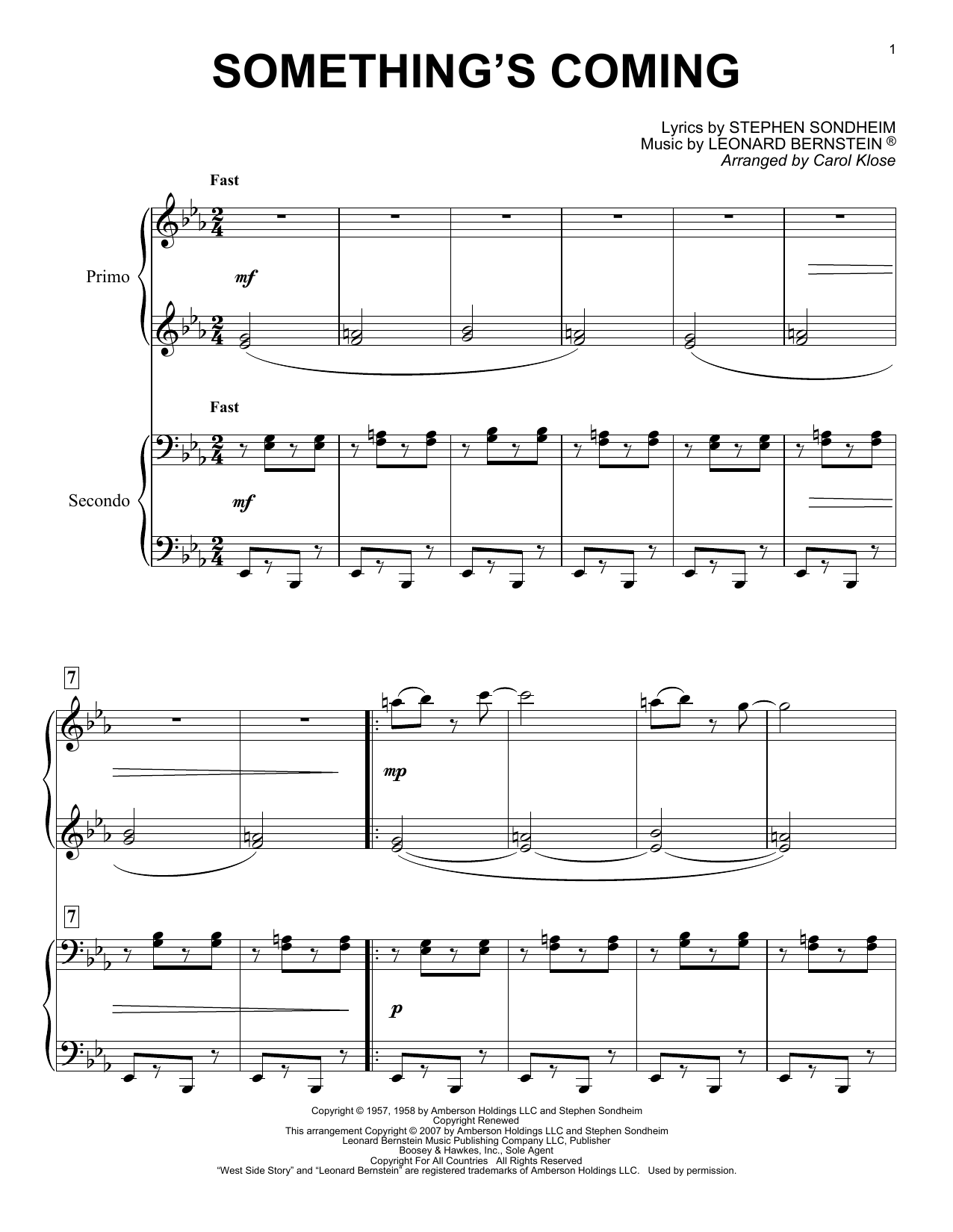 Stephen Sondheim & Leonard Bernstein Something's Coming (from West Side Story) (arr. Carol Klose) sheet music notes and chords arranged for Piano Solo