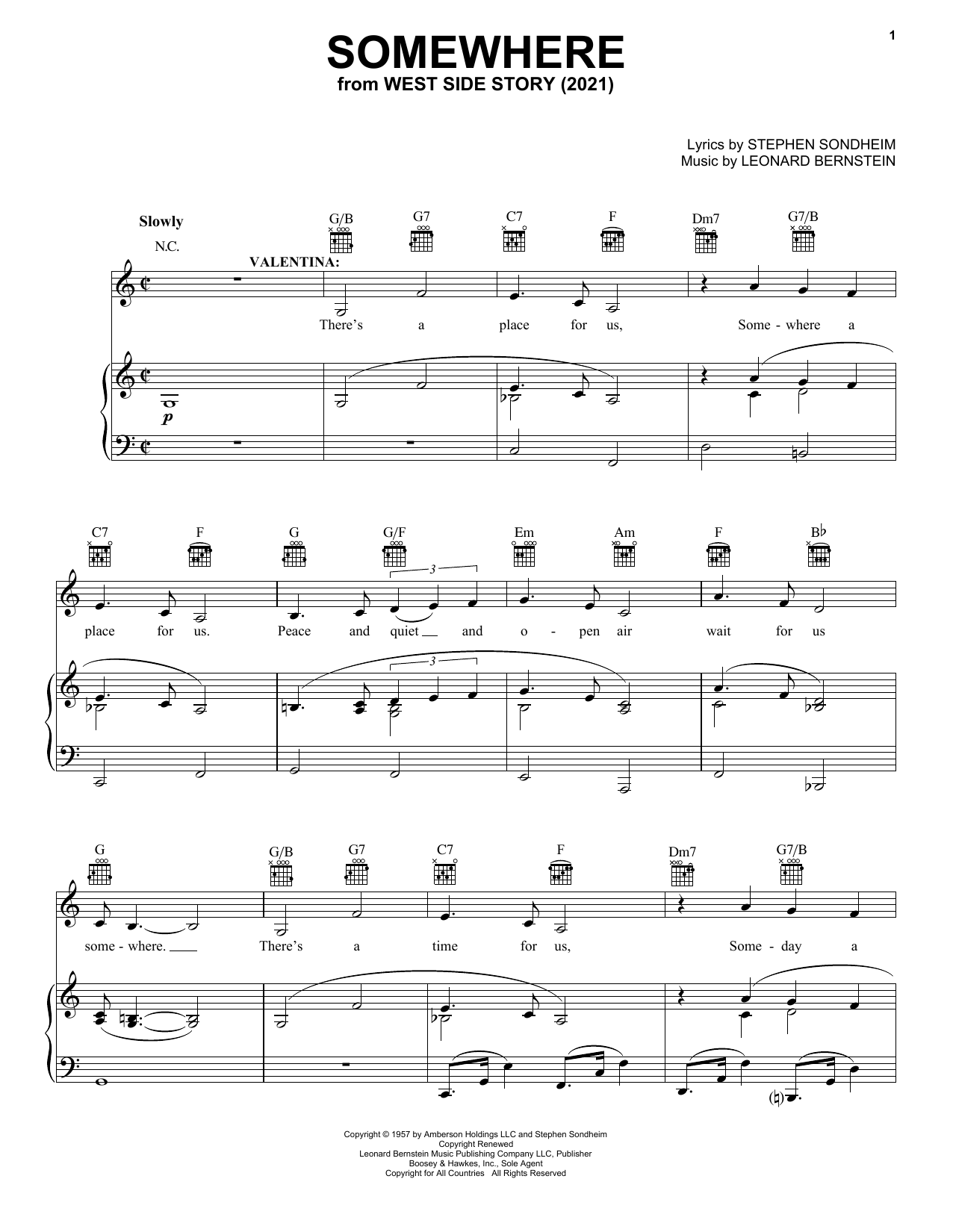 Stephen Sondheim & Leonard Bernstein Somewhere (from West Side Story 2021) sheet music notes and chords arranged for Piano, Vocal & Guitar Chords (Right-Hand Melody)