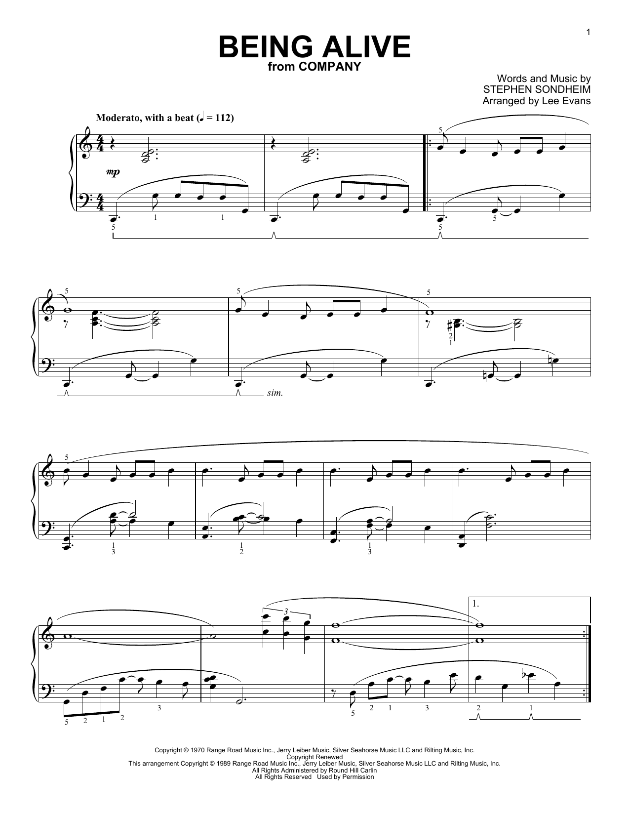 Stephen Sondheim Being Alive (from Company) (arr. Lee Evans) sheet music notes and chords arranged for Piano Solo
