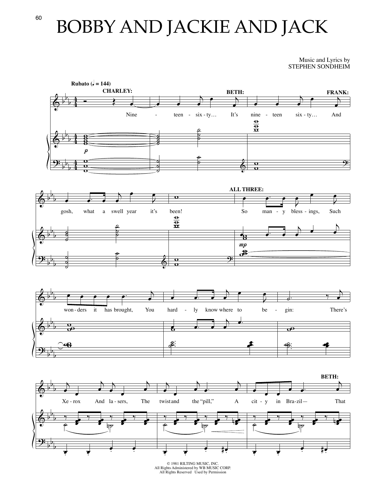 Stephen Sondheim Bobby And Jackie And Jack (from Merrily We Roll Along) sheet music notes and chords arranged for Piano & Vocal