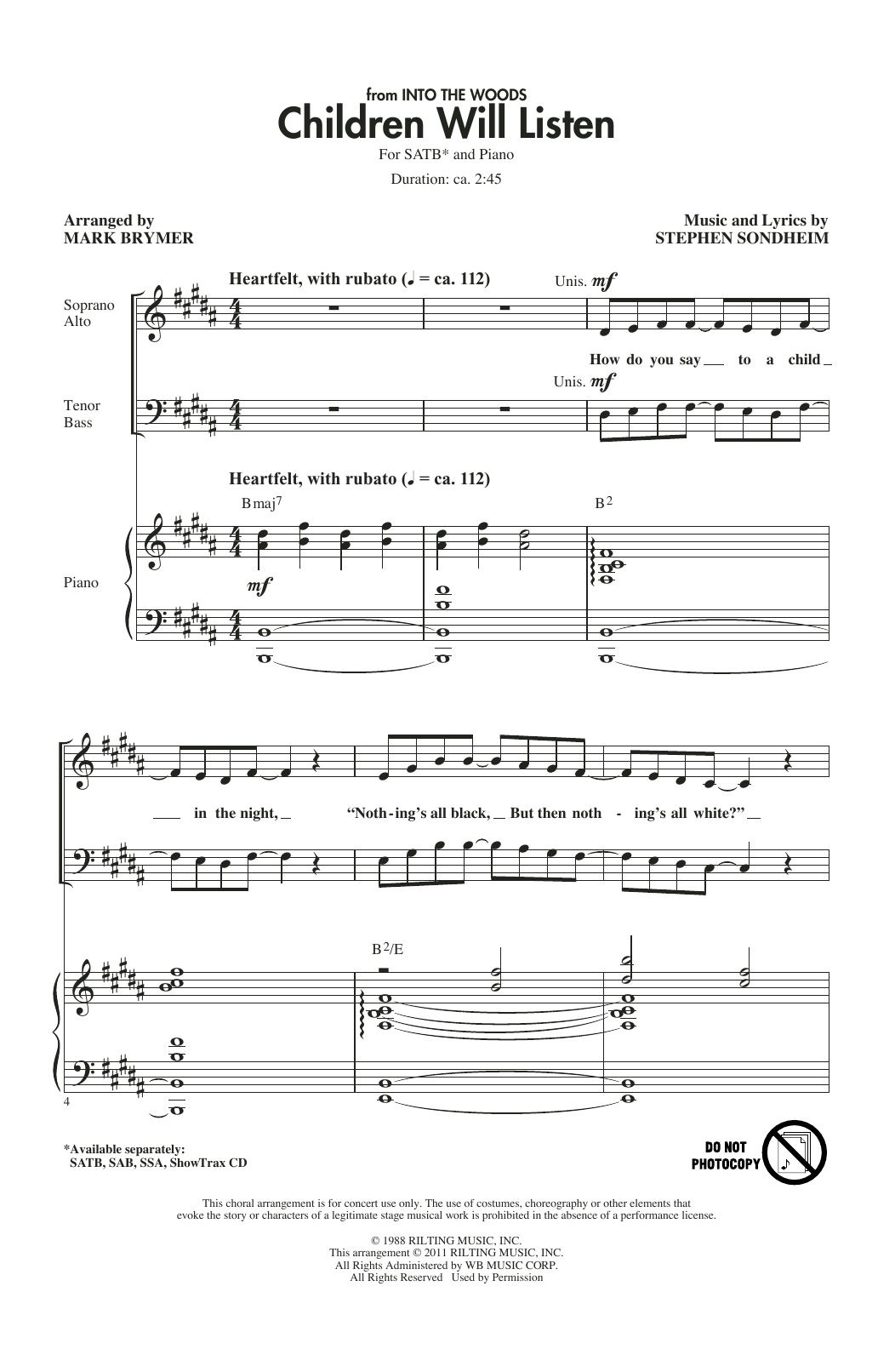 Stephen Sondheim Children Will Listen (from Into The Woods) (arr. Mark Brymer) sheet music notes and chords arranged for SAB Choir