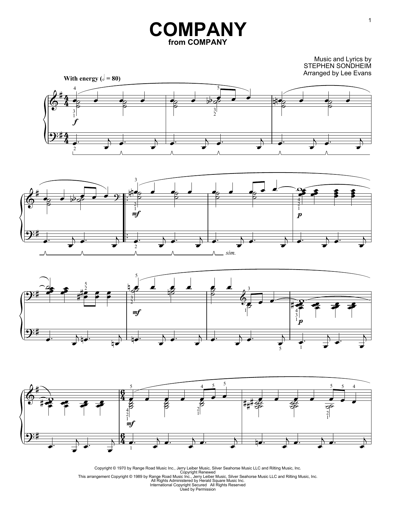 Stephen Sondheim Company (from Company) (arr. Lee Evans) sheet music notes and chords arranged for Piano Solo