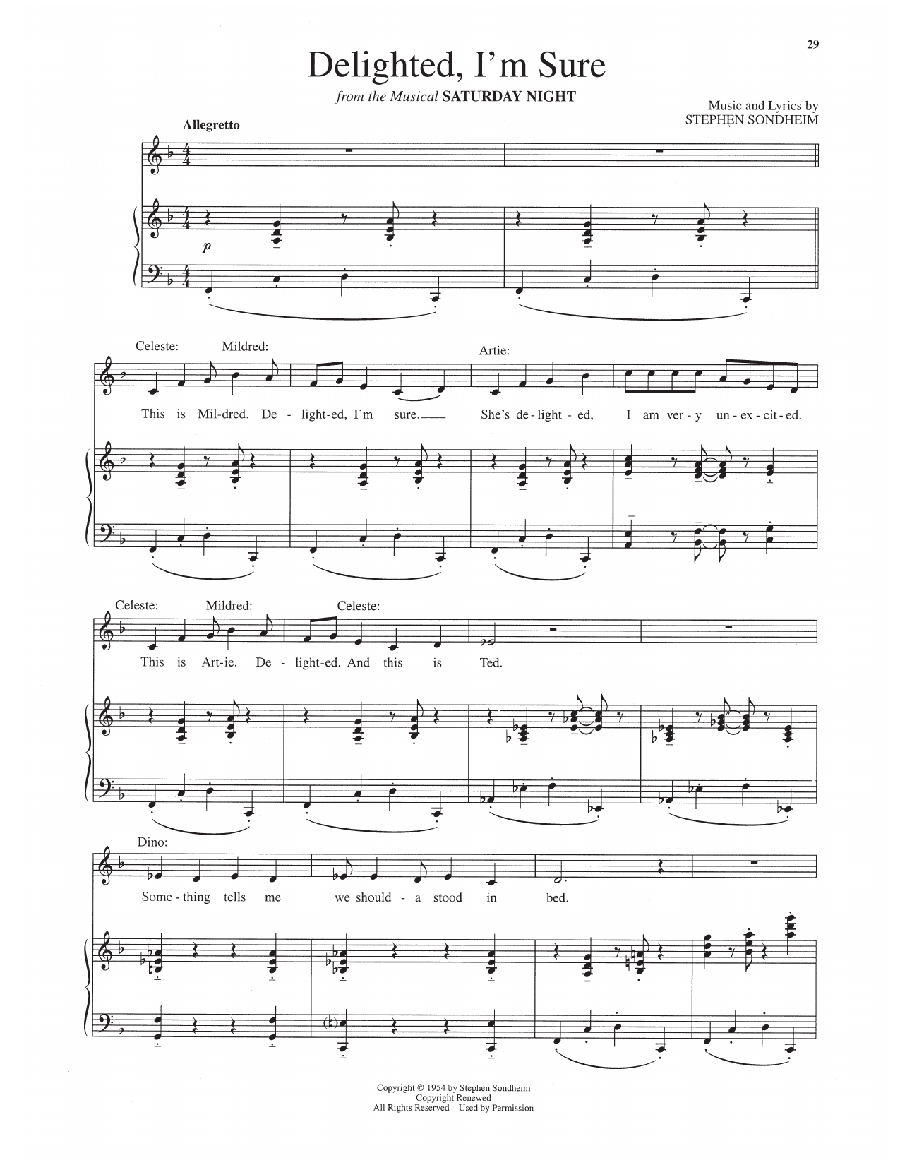 Stephen Sondheim Delighted, I'm Sure (from Saturday Night) sheet music notes and chords arranged for Piano & Vocal
