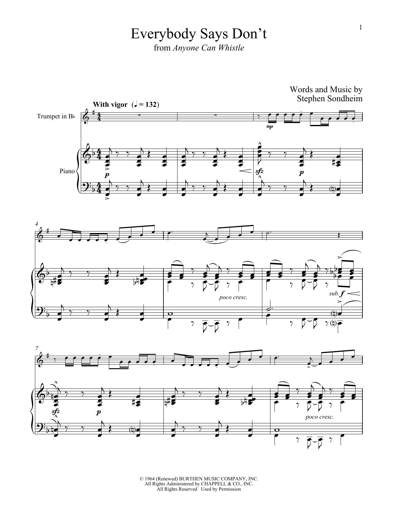 Stephen Sondheim Everybody Says Don't (from Anyone Can Whistle) sheet music notes and chords arranged for Trumpet and Piano