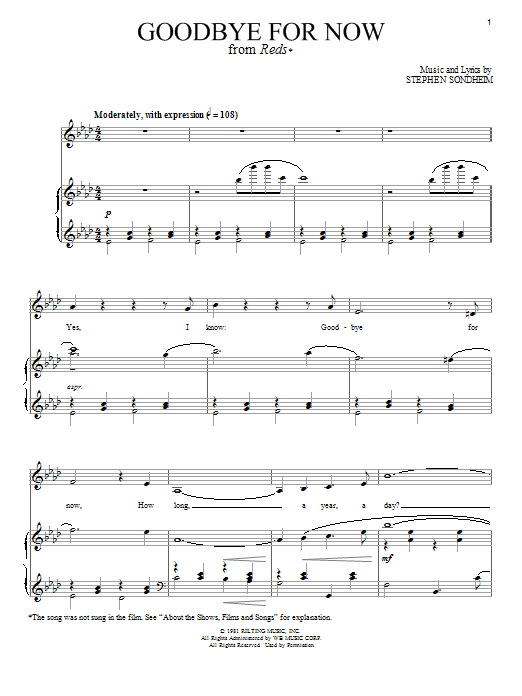 Stephen Sondheim Goodbye For Now sheet music notes and chords arranged for Piano & Vocal