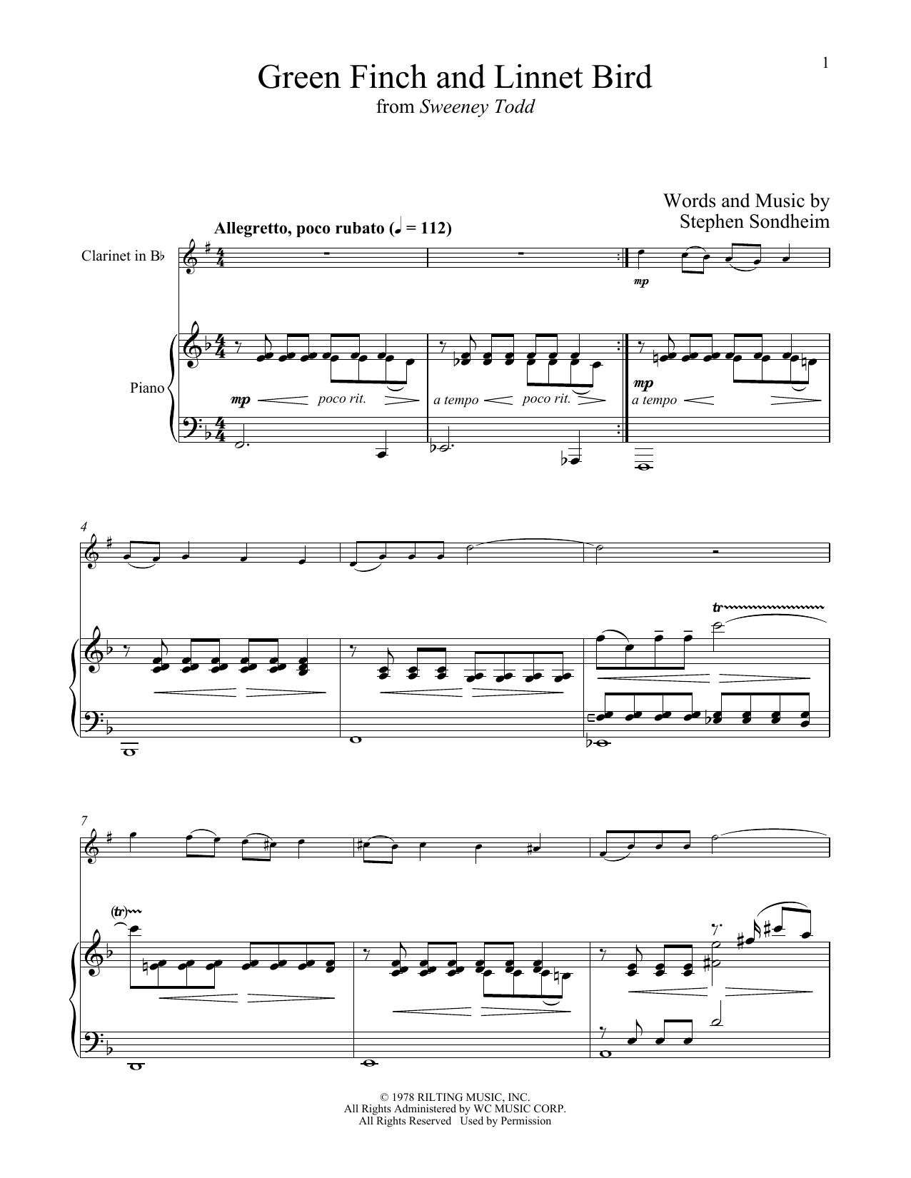Stephen Sondheim Green Finch And Linnet Bird (from Sweeney Todd) sheet music notes and chords arranged for Clarinet and Piano