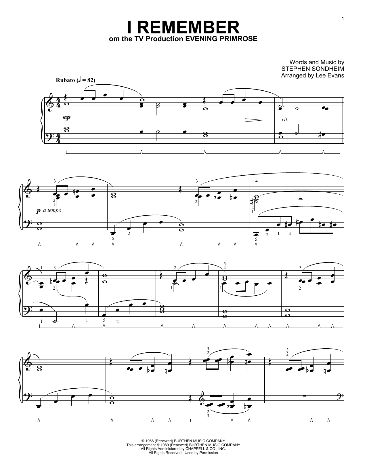 Stephen Sondheim I Remember (from Evening Primrose) (arr. Lee Evans) sheet music notes and chords arranged for Piano Solo