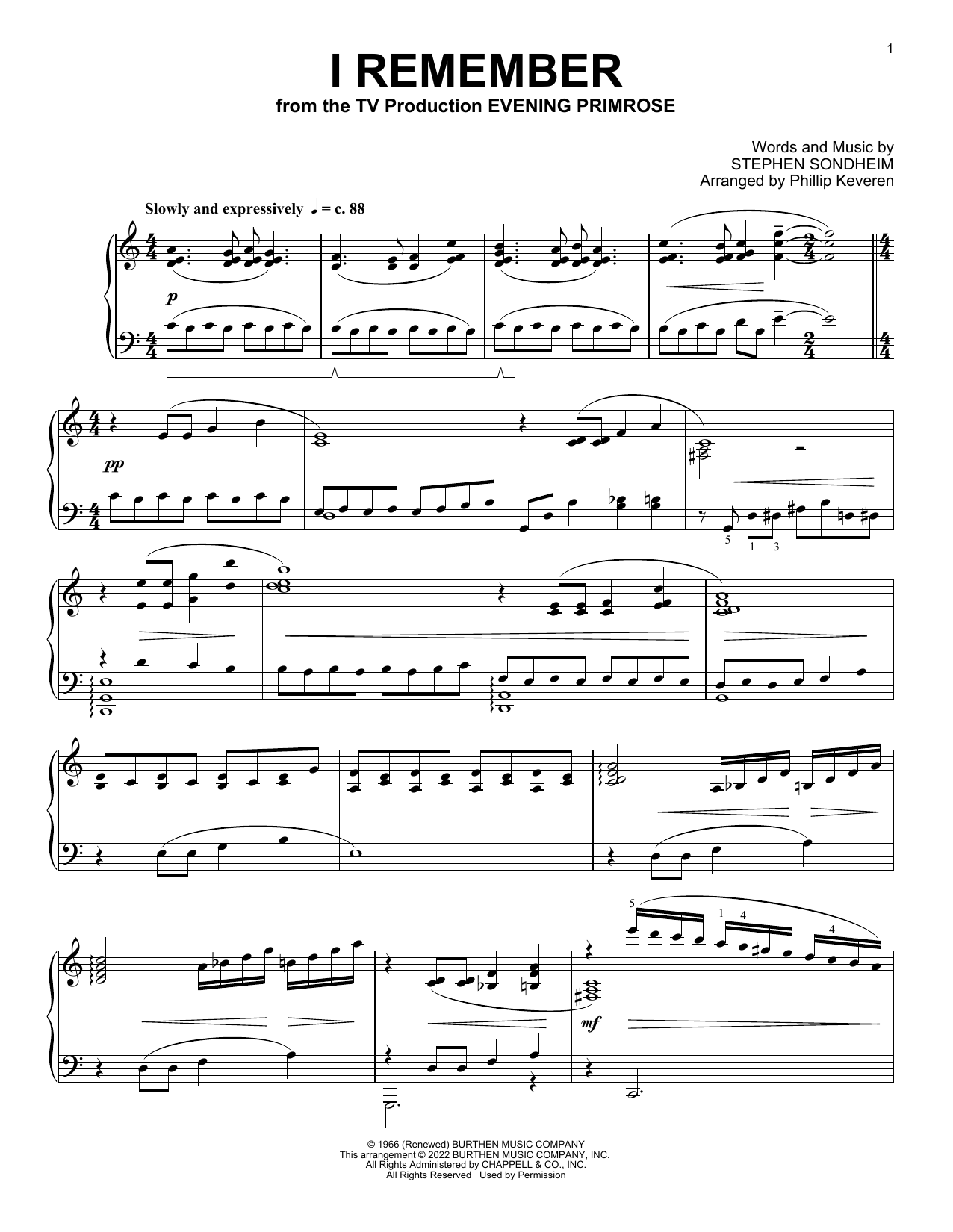 Stephen Sondheim I Remember (from Evening Primrose) (arr. Phillip Keveren) sheet music notes and chords arranged for Piano Solo