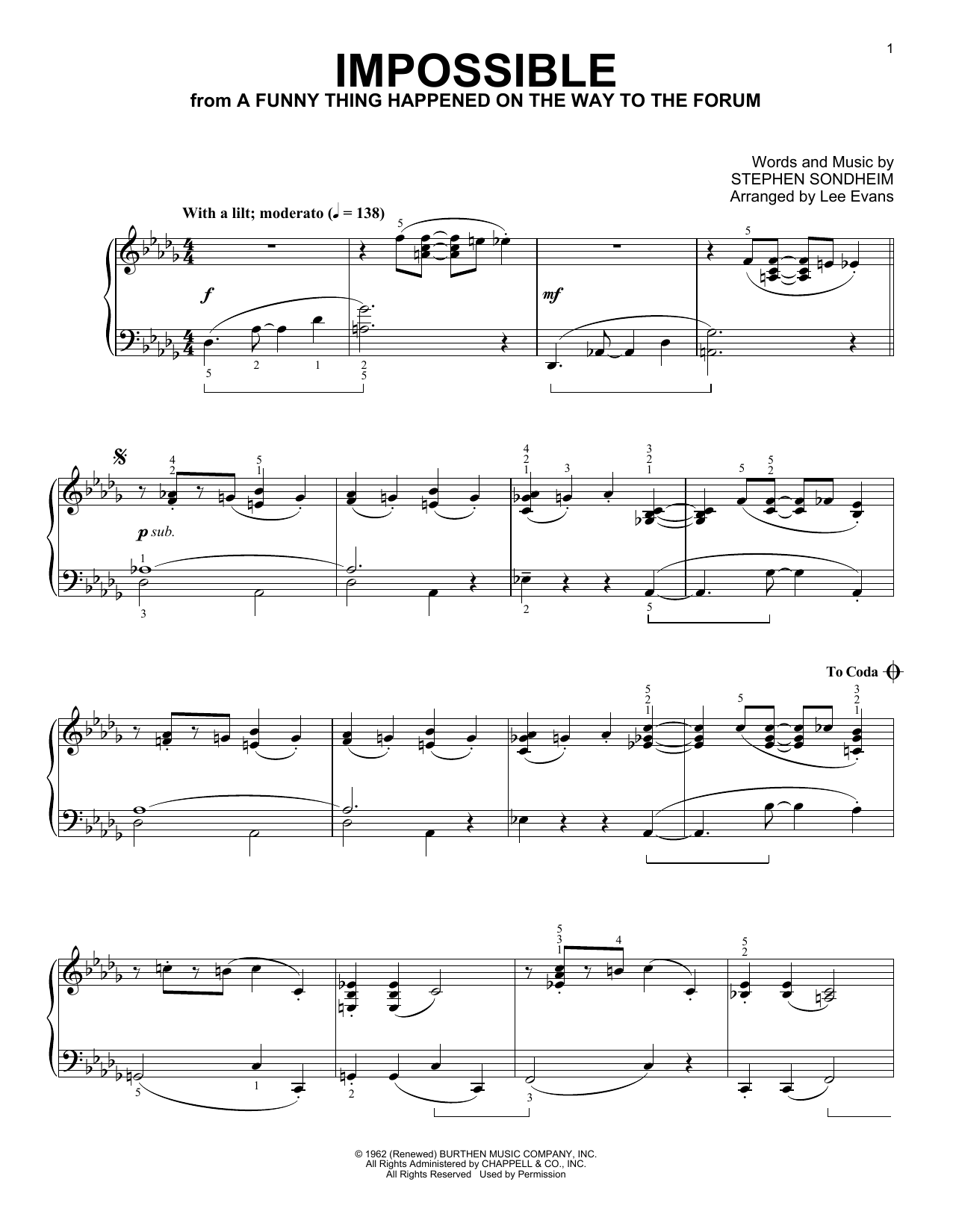Stephen Sondheim Impossible (from A Funny Thing Happened On The Way To The Forum) (arr. Lee Evans) sheet music notes and chords arranged for Piano Solo